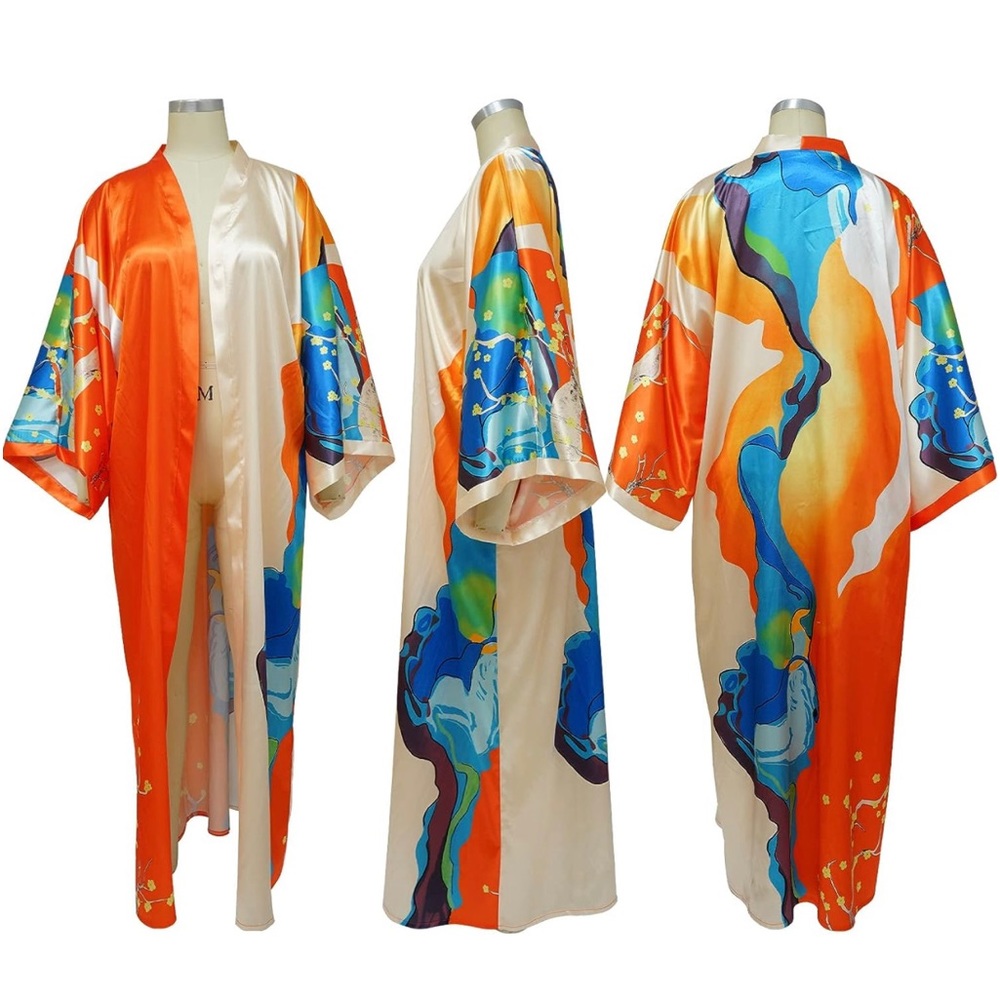 Women's Floral Print Satin Robe Kimono Cardigan Open Front Cover Ups Outerwear
